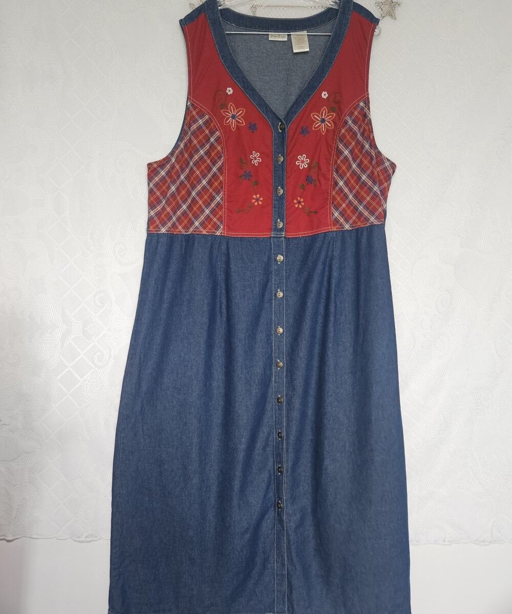 Bobbie Brooks Size 22W/24W Vintage 90s Denim Jumper Dress Plaid Shoulder Panels